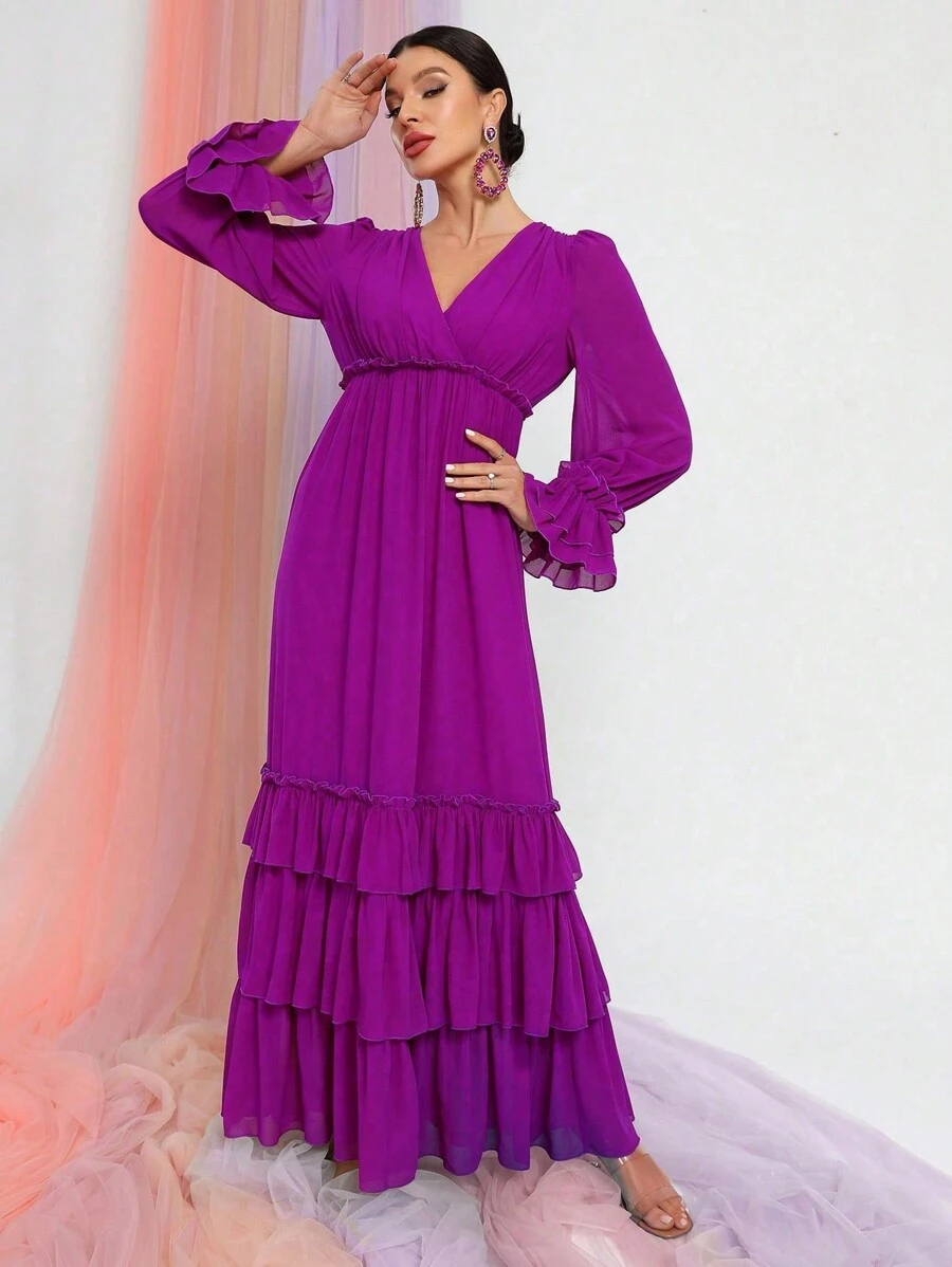 Flounce Sleeve Ruffle Hem Chiffon Dress - Purple - View 1