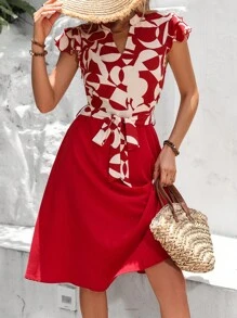 Breezaya 幾何印花缺口領繫腰帶連衣裙 - 紅色 - 查看 4