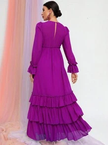 Flounce Sleeve Ruffle Hem Chiffon Dress - Purple - View 2