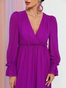 Flounce Sleeve Ruffle Hem Chiffon Dress - Purple - View 3