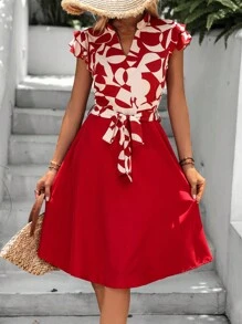 Breezaya 幾何印花缺口領繫腰帶連衣裙 - 紅色 - 查看 5