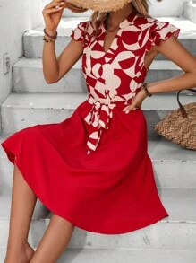 Breezaya 幾何印花缺口領繫腰帶連衣裙 - 紅色 - 查看 6