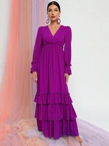 Flounce Sleeve Ruffle Hem Chiffon Dress - Purple - View 4