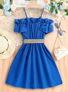 SHEIN 可愛純色女童連衣裙揉皺 - 藍色 - 查看 2