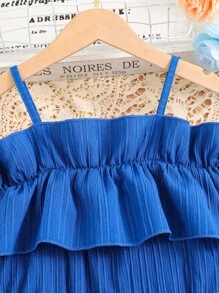 SHEIN 可愛純色女童連衣裙揉皺 - 藍色 - 查看 3