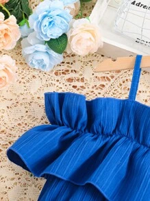 SHEIN 可愛純色女童連衣裙揉皺 - 藍色 - 查看 4