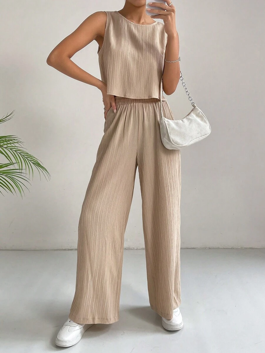 SHEIN Essnce 素色背心上衣和闊腿褲 - 杏色 - 查看 1