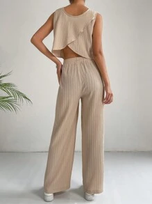 SHEIN Essnce 素色背心上衣和闊腿褲 - 杏色 - 查看 2