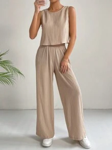 SHEIN Essnce 素色背心上衣和闊腿褲 - 杏色 - 查看 3