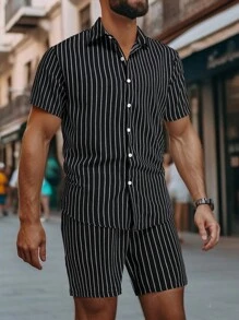 Manfinity Homme Bộ hai mảnh Nam Dây kéo Nút phía trước Sọc Giải trí - Đen và trắng - Xem 1