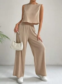 SHEIN Essnce 素色背心上衣和闊腿褲 - 杏色 - 查看 4