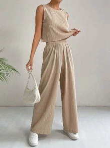 SHEIN Essnce 素色背心上衣和闊腿褲 - 杏色 - 查看 5
