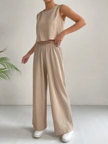 SHEIN Essnce 素色背心上衣和闊腿褲 - 杏色 - 查看 6