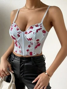 SHEIN Allurite 花卉刺繡網紗吊帶上衣 - 藍色 - 查看 5