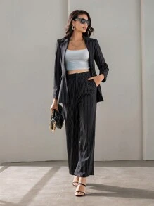 SHEIN BIZwear Blazer de rayas de cuello con solapa & Pantalones de pierna ancha ropa de trabajo - Multicolor - Ver 1
