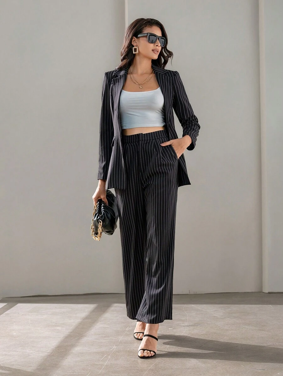 SHEIN BIZwear Blazer de rayas de cuello con solapa & Pantalones de pierna ancha ropa de trabajo - Multicolor - Ver 1