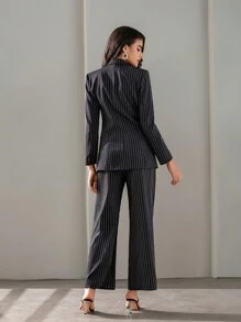 SHEIN BIZwear Blazer de rayas de cuello con solapa & Pantalones de pierna ancha ropa de trabajo - Multicolor - Ver 2