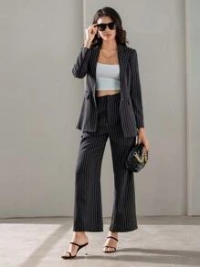 SHEIN BIZwear Blazer de rayas de cuello con solapa & Pantalones de pierna ancha ropa de trabajo - Multicolor - Ver 4