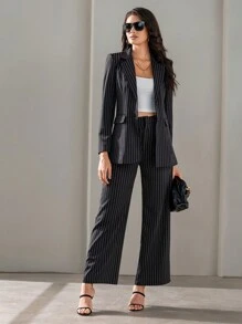 SHEIN BIZwear Blazer de rayas de cuello con solapa & Pantalones de pierna ancha ropa de trabajo - Multicolor - Ver 5