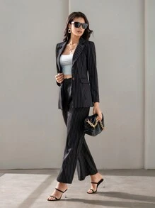 SHEIN BIZwear Blazer de rayas de cuello con solapa & Pantalones de pierna ancha ropa de trabajo - Multicolor - Ver 6