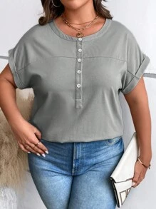 SHEIN LUNE Plus Half Button Batwing Sleeve Tee - Grey - View 3