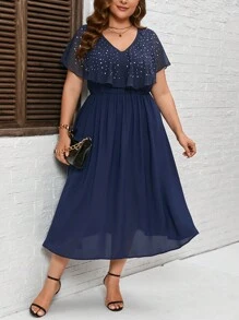 SHEIN Clasi 大碼水鑽細節荷葉邊連衣裙 - 藏蓝色 - 查看 2