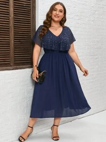 SHEIN Clasi 大碼水鑽細節荷葉邊連衣裙 - 藏蓝色 - 查看 5