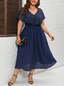 SHEIN Clasi 大碼水鑽細節荷葉邊連衣裙 - 藏蓝色 - 查看 6