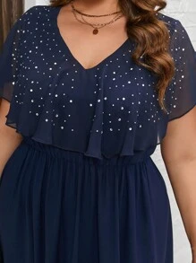 SHEIN Clasi 大碼水鑽細節荷葉邊連衣裙 - 藏蓝色 - 查看 7