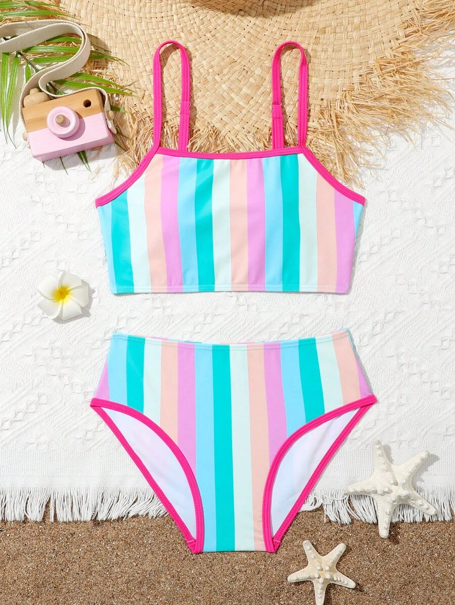 2-piece Multi Colour Striped Printed Bathing Suit Set For Tween Girls' Casual Holiday Style - Multicolor - View 1