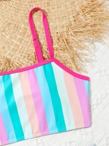 2-piece Multi Colour Striped Printed Bathing Suit Set For Tween Girls' Casual Holiday Style - Multicolor - View 3