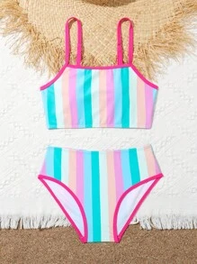 2-piece Multi Colour Striped Printed Bathing Suit Set For Tween Girls' Casual Holiday Style - Multicolor - View 4