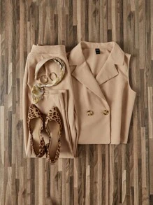 SHEIN LUNE 雙排釦馬甲西裝外套和褲子 - 卡其色 - 查看 2