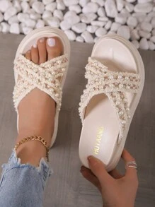 Giày Sandal Đế Dày Thời Trang Trang Trí Bằng Ngọc Trai Giả - Màu be - Xem 1