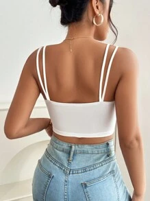 SHEIN PETITE Solid Double Strap Crop Cami Top - White - View 2