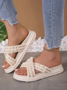 Giày Sandal Đế Dày Thời Trang Trang Trí Bằng Ngọc Trai Giả - Màu be - Xem 3