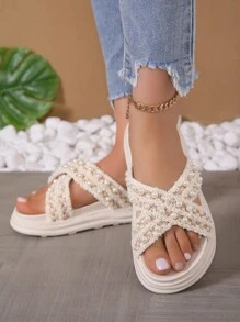 Giày Sandal Đế Dày Thời Trang Trang Trí Bằng Ngọc Trai Giả - Màu be - Xem 4