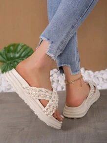 Giày Sandal Đế Dày Thời Trang Trang Trí Bằng Ngọc Trai Giả - Màu be - Xem 5
