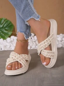 Giày Sandal Đế Dày Thời Trang Trang Trí Bằng Ngọc Trai Giả - Màu be - Xem 6