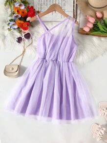 SHEIN Girls Asymmetrical Neck Mesh Overlay Dress - Lilac Purple - View 1