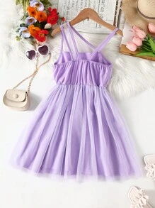 SHEIN Girls Asymmetrical Neck Mesh Overlay Dress - Lilac Purple - View 2
