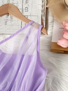SHEIN Girls Asymmetrical Neck Mesh Overlay Dress - Lilac Purple - View 3