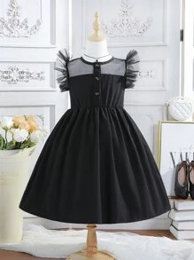 SHEIN 女大童網紗拼接荷葉邊前紐扣連衣裙 - 黑色 - 查看 1