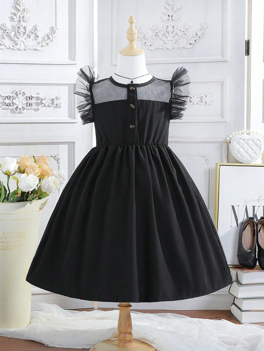 SHEIN 女大童網紗拼接荷葉邊前紐扣連衣裙 - 黑色 - 查看 1