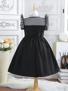 SHEIN 女大童網紗拼接荷葉邊前紐扣連衣裙 - 黑色 - 查看 2