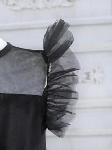SHEIN 女大童網紗拼接荷葉邊前紐扣連衣裙 - 黑色 - 查看 4
