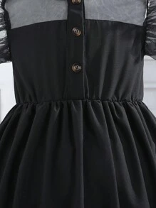 SHEIN 女大童網紗拼接荷葉邊前紐扣連衣裙 - 黑色 - 查看 5