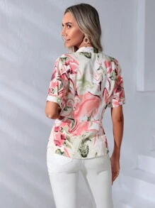 SHEIN Clasi Allover Print Twist Front Blouse - Multicolor - View 2