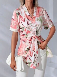 SHEIN Clasi Allover Print Twist Front Blouse - Multicolor - View 3