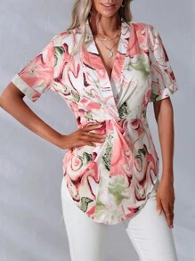 SHEIN Clasi Allover Print Twist Front Blouse - Multicolor - View 4